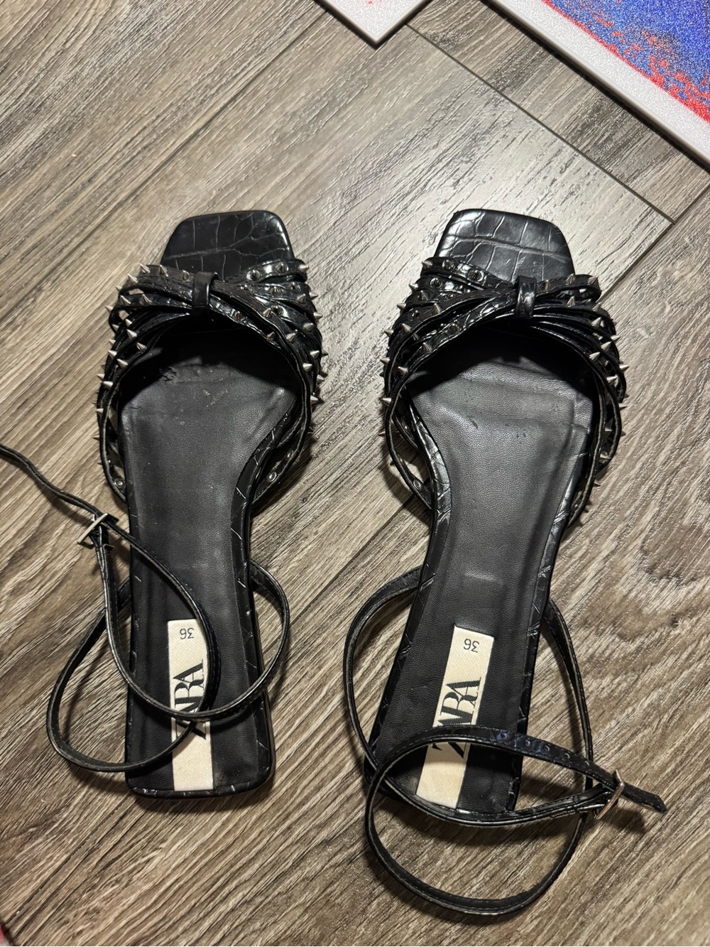 ZARA Black Studded Braided Strap Square-Toe Sandals